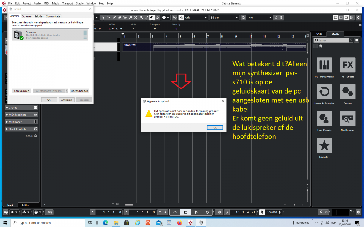 gilbert  screenshot cubase elements 10,5 geen geluid 30 april 2021.png